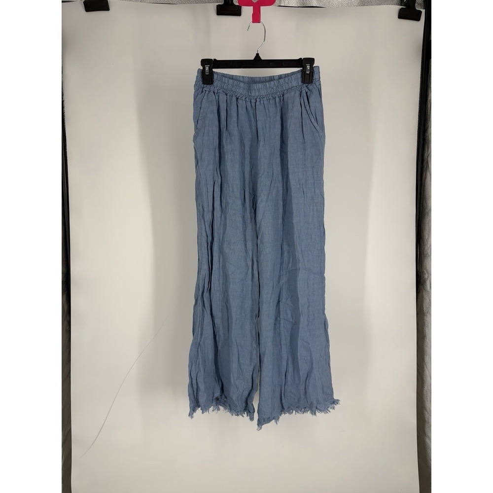 Milio Milano Womens Blue Wide Leg High Rise Linen Pants Raw Hem Italy Medium